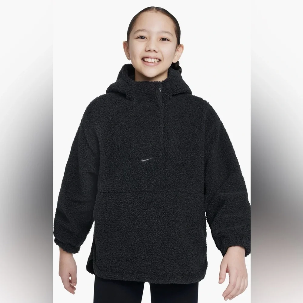 Nike Therma-FIT Faux Shearling Jacket Kids Size Small Black Sherpa Hooded NWT